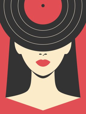 Soyut minimalist poster ve gözlerini kapayan plak şapkalı kadın yüzü. Müzik festivali posterinin modası geçmiş. Vektör illüstrasyonu