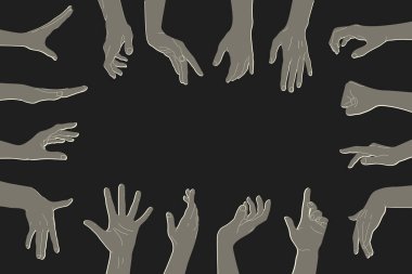 Arka planda farklı jestleri olan insan eli siluetleri ve metin için boş alan. İnsan eli jestleri. Vektör