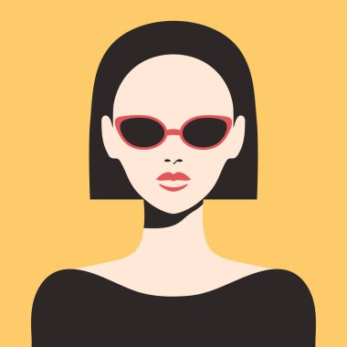 Güneş gözlüklü zarif kadın geçmişe dönük portre. Güneş gözlüklü bir kadının soyut minimalist portresi. Vektör illüstrasyonu
