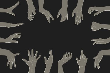 Arka planda farklı jestleri olan insan eli siluetleri ve metin için boş alan. İnsan eli jestleri. Vektör