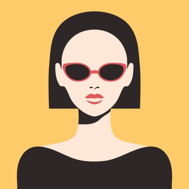 Güneş gözlüklü zarif kadın geçmişe dönük portre. Güneş gözlüklü bir kadının soyut minimalist portresi. Vektör illüstrasyonu