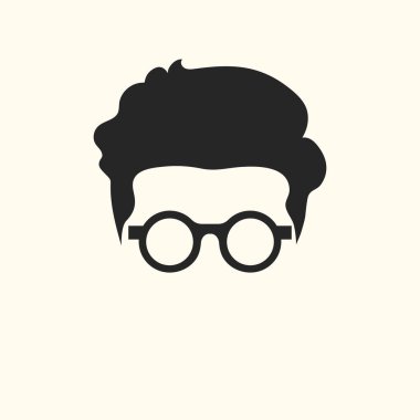 Gözlük takan adam soyut minimalist vektör ikonu. Saç kesimi ve gözlük. Gözlüklü bir erkeğin yüzsüz portresi.