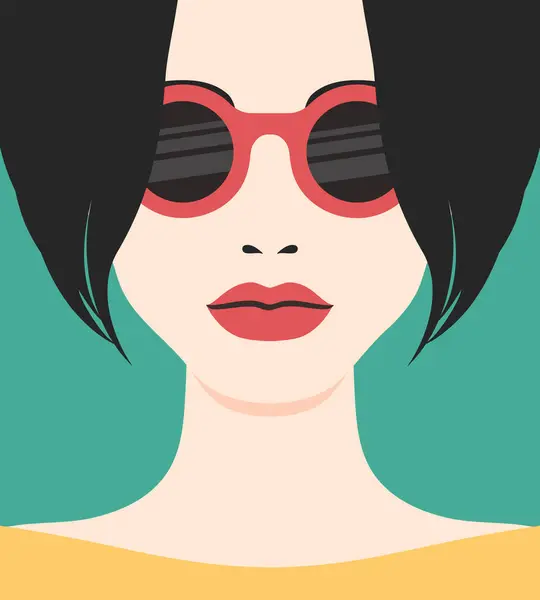 Kısa saçlı, güneş gözlüğü takan bir kadın. Güneş gözlüklü, geçmişe dönük bir kadının soyut minimalist portresi. Vektör illüstrasyonu