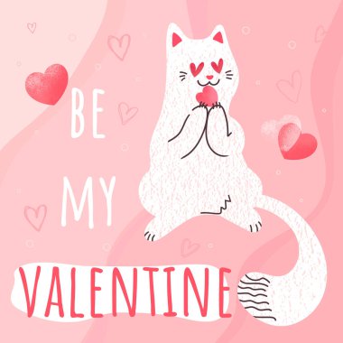 Sevimli elli sevgililer günü kartı beyaz kedi kalbi ısırıyor. Aşık şirin bir kedi. Vektör şablonu, kapak, davet