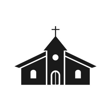Beyaz arka planda izole edilmiş Katolik kilise silueti simgesi. Katedral. Şehir mimarisi. Vektör 