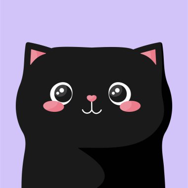 Sevimli siyah dikiz kedisi. Büyük gözlü, kalp şeklinde burunlu çocuksu çizgi film kedisi. Vektör illüstrasyonu