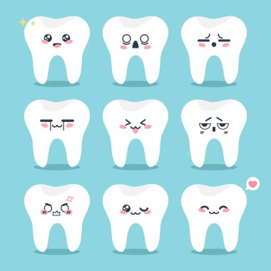 Manga tarzı emojisi olan sevimli diş karakteri simgeleri. Diş çizgi filmi maskot emojisi seti. Vektör illüstrasyonu