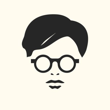 Gözlüklü bir erkeğin soyut minimalist simgesi. Gözlüklü adam. Vektör illüstrasyonu