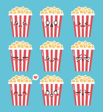 Manga tarzı emojisi olan şirin patlamış mısır kovası karakter simgeleri. Patlamış mısır çizgi filmi maskot emojisi seti. Vektör illüstrasyonu