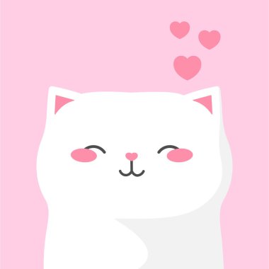 Sevimli el çizimi, kapalı gözlü beyaz kedi. Aşık çocuksu çizgi film kedisi. Vektör illüstrasyonu