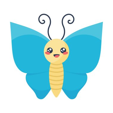 Beyaz arka planda izole edilmiş sevimli gülümseyen kelebek karakteri. Kelebek çizgi film maskotu ikonu. Vektör illüstrasyonu