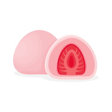 Mochi Daifuku ichigo beyaz arka planda izole edildi. Çilekli Japon tatlı pirinç keki tatlısı. Vektör illüstrasyonu