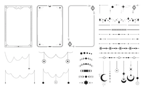 Göksel tasarım elementleriyle sınır şablonlarını çerçevele. Çelenkler, bölünenler, kolyeler ve uzay dekorasyonu, hilal ve yıldızlı sınırlar