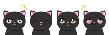Anime tarzı sette sevimli siyah kedi. Anime kedi maskotu, büyük yeşil gözleri ve parıltıları var. Vektör illüstrasyonu