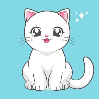 Anime tarzında şirin beyaz kedi. Anime kedi maskotu. Çizgi film tarzında kocaman gözleri olan sevimli bir kediydi. Vektör illüstrasyonu