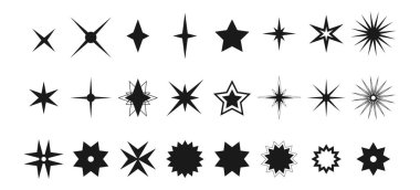 Göksel yıldız sembolleri ve çeşitli şekillerde parıltılar. Uzay tasarım elementleri Vektör illüstrasyonu