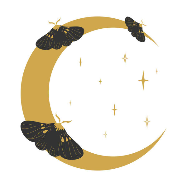 Black moths sitting on a crescent moon. Celestial emblem with butterflies and crescent. Vector illustration.
