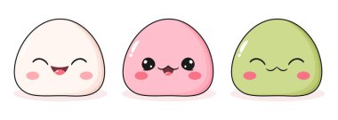 Şirin Mochi Daifuku ikonu seti. Japon tatlı pirinç keki tatlı ikonları. Vektör illüstrasyonu