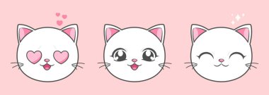 Anime tarzında sevimli beyaz kedi yüzleri. Anime kedi emojileri. Vektör illüstrasyonu