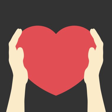 Kırmızı kalbi tutan insan eli silueti. Kalp ellerinde. Vektör illüstrasyonu