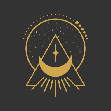 Yıldızlarla süslenmiş hilal ay gökyüzü amblemi. Dekoratif uzay elementleri. Vektör illüstrasyonu