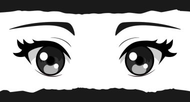 Kirpikli anime kız gözleri. Yırtık kağıt üzerinde güzel çizgi film anime gözleri. Vektör illüstrasyonu