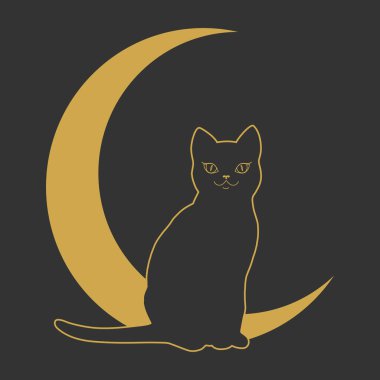 Hilal bir arka planda oturan kara kedi. Göksel sembol. Vektör illüstrasyonu