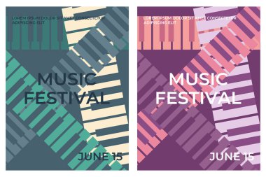 Piyano tuşları desenli müzik festivali poster tasarımı. Minimalist müzik festivali arka plan şablonları. Vektör illüstrasyonu