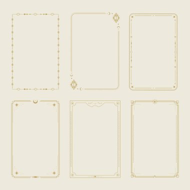 Göksel tarot kartı çerçeve şablonu seti. Göksel esrarengiz sınır seti. Vektör illüstrasyonu