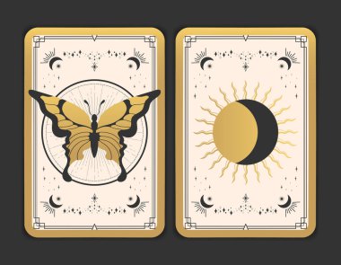 Kelebek, güneş ve hilal sembollü tarot kartı tasarımı. Büyülü esrarengiz Tarot kartı sınır şablonu tasarımı seti. Vektör illüstrasyonu