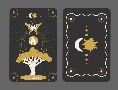 Dünya Binbaşısı Arcana Tarot kartı. Tarot sembolizmi. Gizem, astroloji, ezoterik. Vektör illüstrasyonu