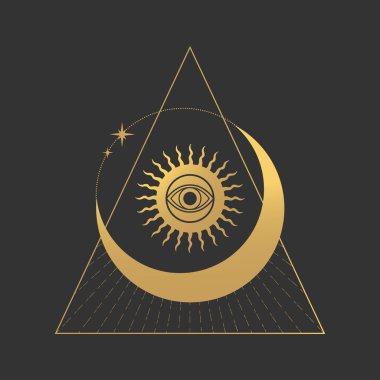 Göksel büyülü kutsal üçgendeki tüm gören göz sembolleri. Sihirli gözlü mistik boho konsepti. Vektör illüstrasyonu