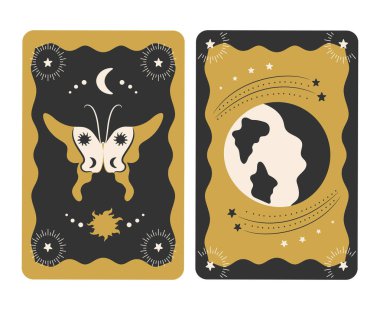El yapımı Tarot kartı tasarımı. Kelebek ve Dünya gezegeniyle Tarot güvertesinin ters tarafında. Gizem, astroloji, ezoterik. Vektör illüstrasyonu