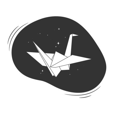 Gece gökyüzünde uçan beyaz kağıt vinç. Origami uçan kuş sembolü. Vektör illüstrasyonu