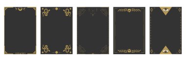 Tarot kartları için kenar çerçeve şablonları. Göksel elementleri ve dekorasyonları olan boş çerçeveler. Vektör illüstrasyonu 