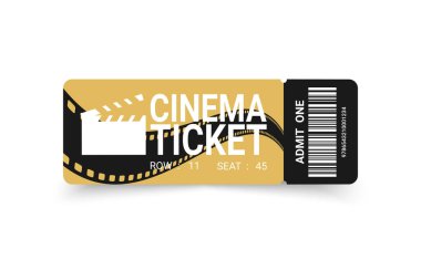 Modern minimalist sinema bileti şablonu, alçı tahtası ve film şeridi siluetleriyle tasarlandı. Sinema bileti tasarımı. Vektör illüstrasyonu