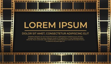 Siyah arka planda parlak altın bir film çerçevesi. Film kurdelesi çerçeve şablonu tasarımı. Vektör illüstrasyonu