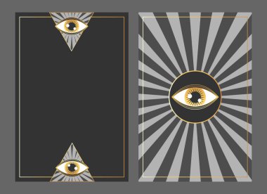 Altın sihirli gözlü Tarot kartı şablonları. Tarot çerçeveleri Gören Gözler ile süslenmiş. Öne ve arkaya. Vektör illüstrasyonu
