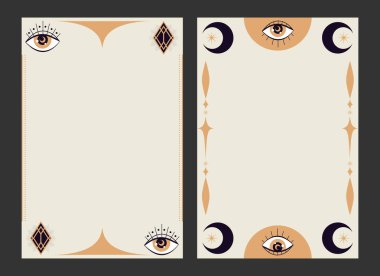 Tarot kartı şablonları ve sihirli göz sembolleri. Tarot çerçeveleri Gören Gözler ile süslenmiş. Vektör illüstrasyonu