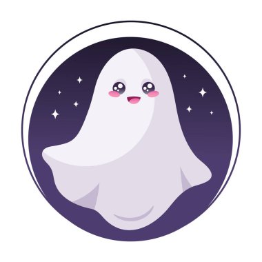 Şirin uçan hayalet ikonu. Cadılar Bayramı hayaleti Sevimli komik hayalet karakteri. Vektör illüstrasyonu