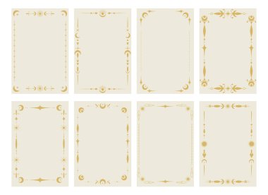 Tarot kartları için sınır şablonları koleksiyonu. Göksel boho çerçeveleri ayarlandı. Tarot boş şablonlar. Vektör illüstrasyonu