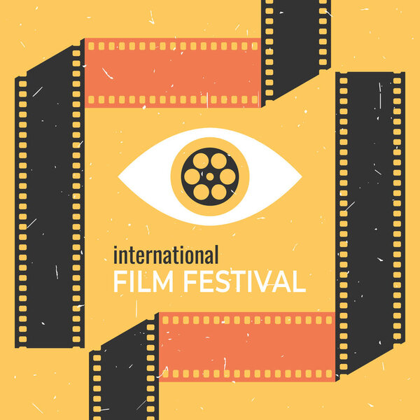 Дизайн плакатов гранж-кинофестиваля с глазом и складными кинолентами. Кинолистовка в стиле ретро. Векторная иллюстрация