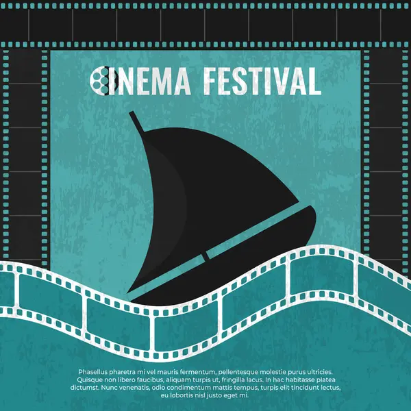 Sinema festivali poster tasarımı ve film şeridi dalgasıyla. Deniz temalı geçmişe dönük sinema broşürü. Vektör illüstrasyonu