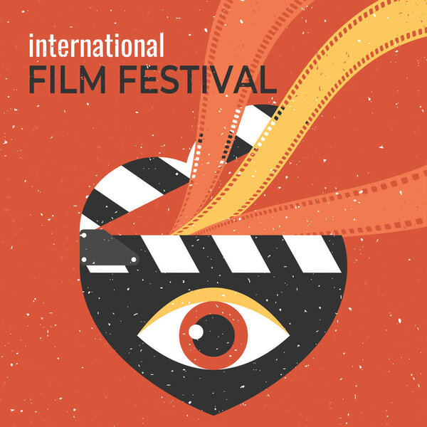 Дизайн плаката фестиваля винтажных фильмов с кардиостимулятором, украшенным глазом. Кинолистовка в стиле ретро. Векторная иллюстрация