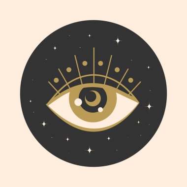 Yıldızlarla süslenmiş ilahi altın sihirli göz yuvarlağı. Hepsi gören göz. Vektör illüstrasyonu