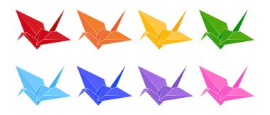 Renkli kağıt vinç seti. Gökkuşağı renginde kağıt turnalar. Origami uçan kuş sembolü. Vektör illüstrasyonu