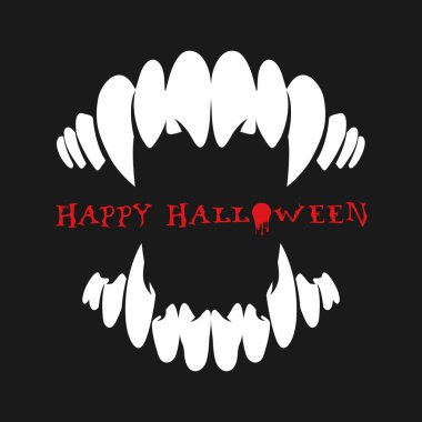Canavar, vampir ya da kurt adam dişleri, siyah arka planda uzun sivri dişler. Basit bir minimalist Cadılar Bayramı kartı. Vektör illüstrasyonu