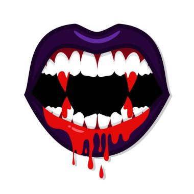 Vampir dişi uzun kanlı dişleri ve kan damlayan ağzıyla. Canavar kadın. Kanlı kötü dudaklar. Vektör illüstrasyonu