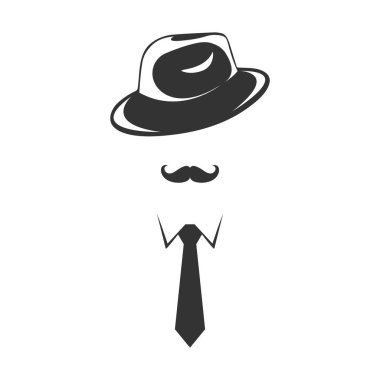 Şapkalı ve kravatlı yüzü olmayan bıyıklı adam. Bir gangsterin soyut silueti, dedektif ya da beyefendi. Vektör illüstrasyonu