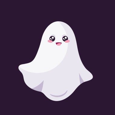 Tatlı gülümseyen Cadılar Bayramı hayaleti. Sevimli komik hayalet karakteri. Vektör illüstrasyonu